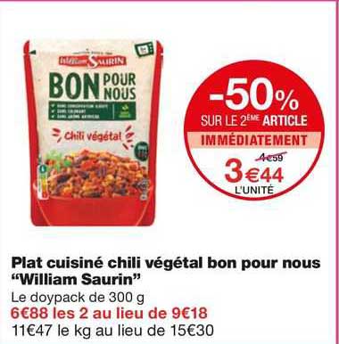 plat cuisiné chili végétal bon pour nous "William saurin"