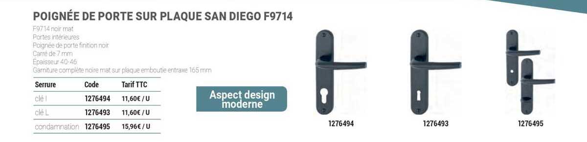 poignée de porte sur plaque san diego f9714