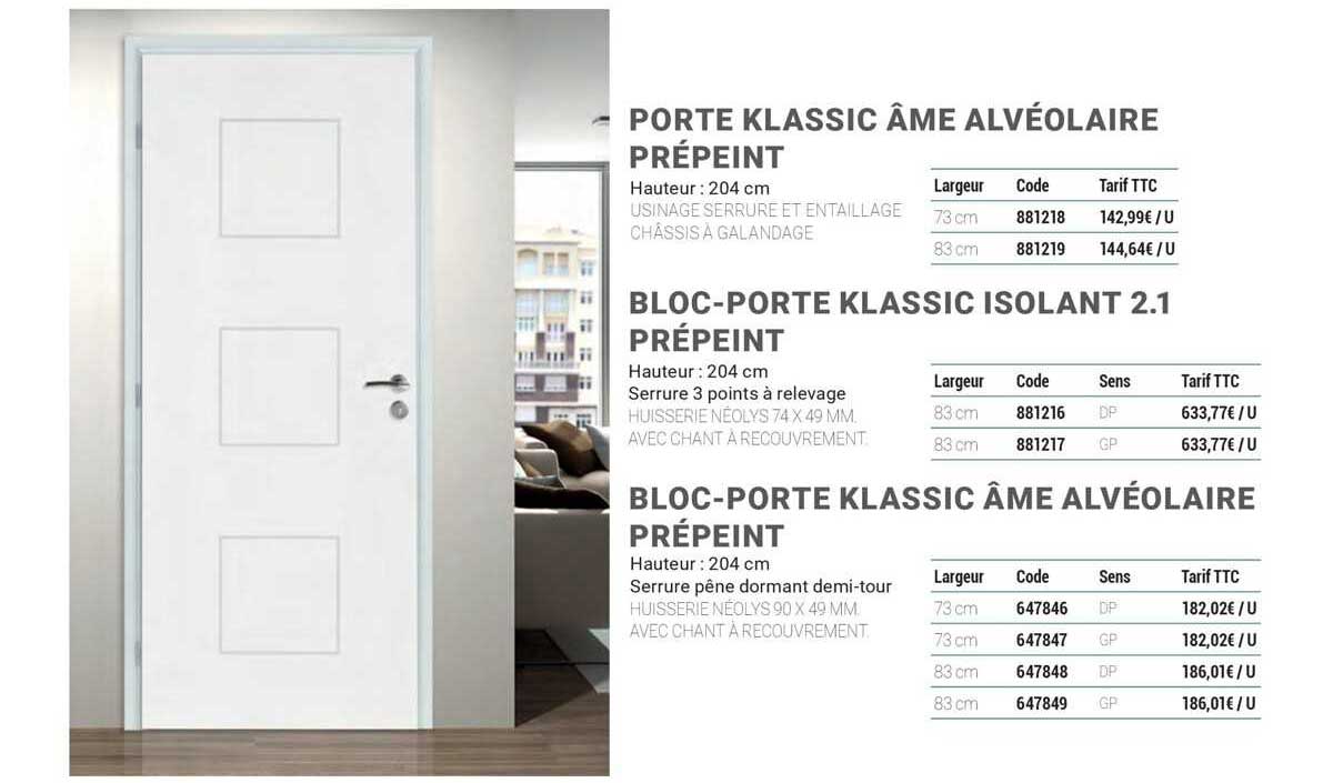 porte klassic âme alvéolaire prépeint, bloc-porte klassic isolant 2.1 prépeint, bloc-porte klassic âme alvéolaire prépeint