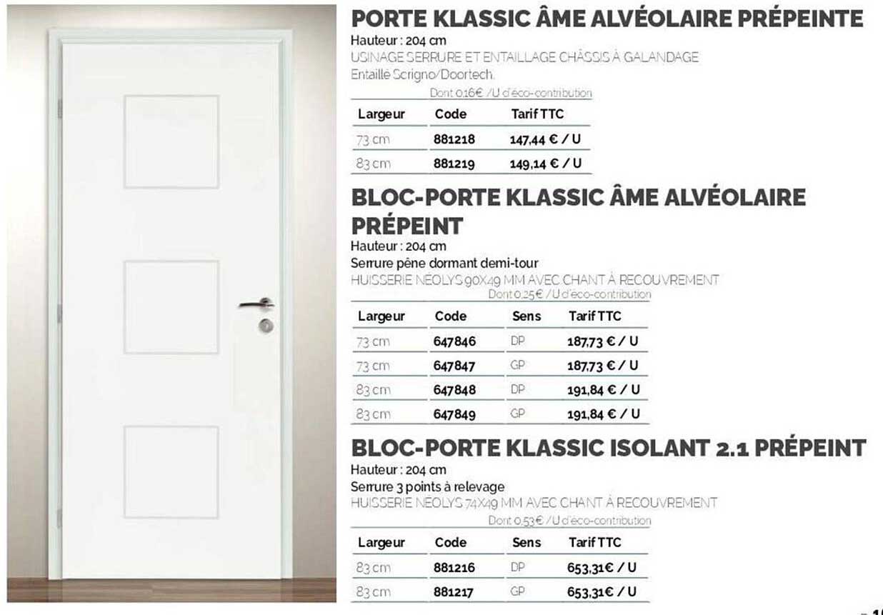 porte klassic âme alvéolaire prépeinte, bloc-port klassic âme alvéolaire prépeint, bloc-porte klassic isolant 2.1 prépeint