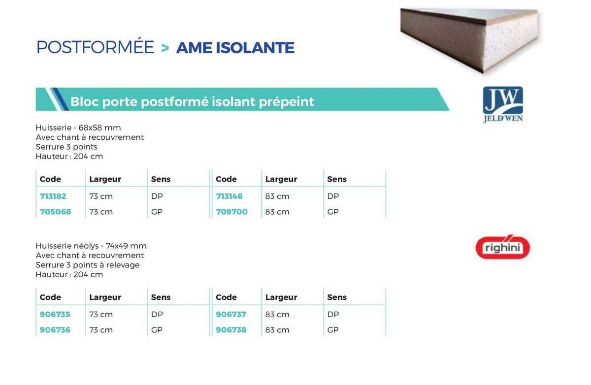 postformée > ame isolante bloc porte postformé isolant prépeint jeld wen
