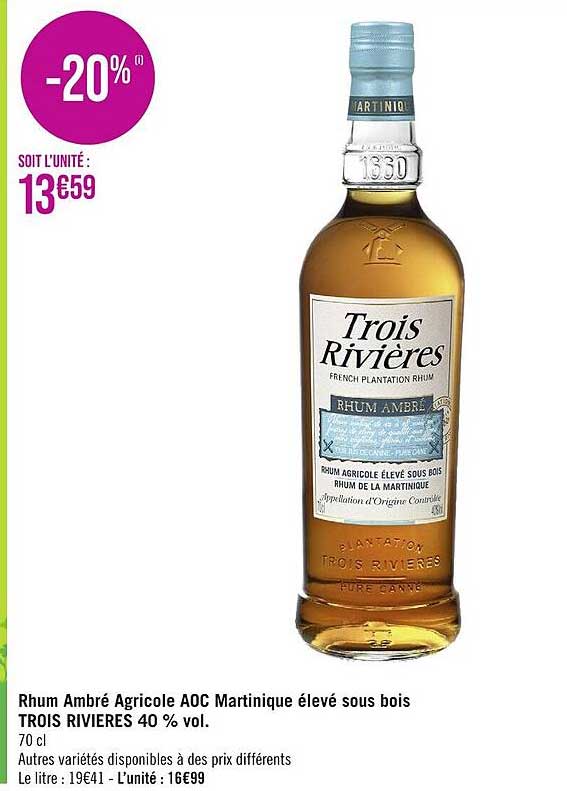 rhum ambré argricole aoc martinique élevé sous bois trois rivières 40% vol.