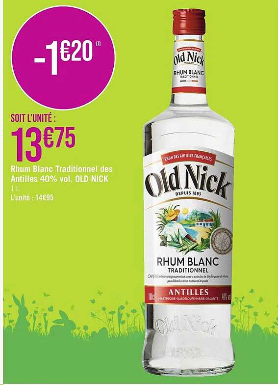 rhum blanc traditionnel des antilles 40% vol. old nick
