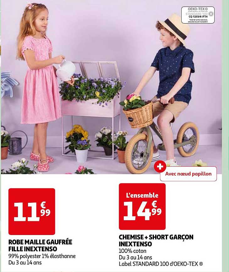 robe maille gaufrée fille inextenso, chemise + short garçon inextenso