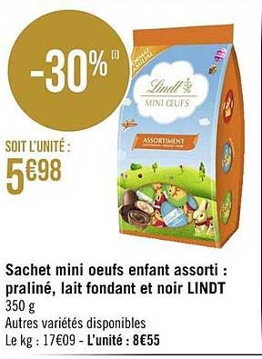 sachet mini œufs enfant assorti : praliné, lait fondant et noir lindt