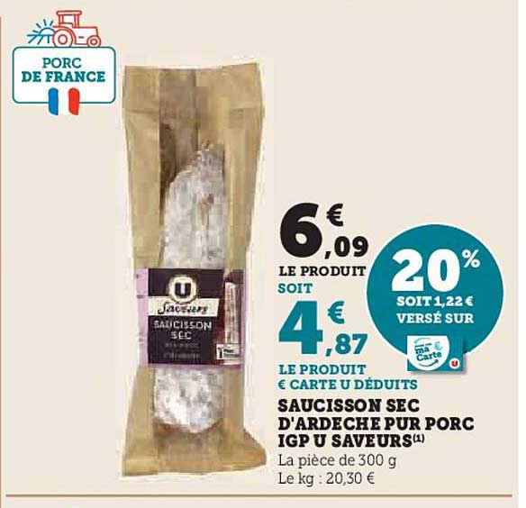 saucisson sec d'ardeche pur porc igp u saveurs