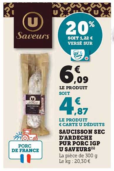 saucisson sec d'ardeche pur porc igp u saveurs