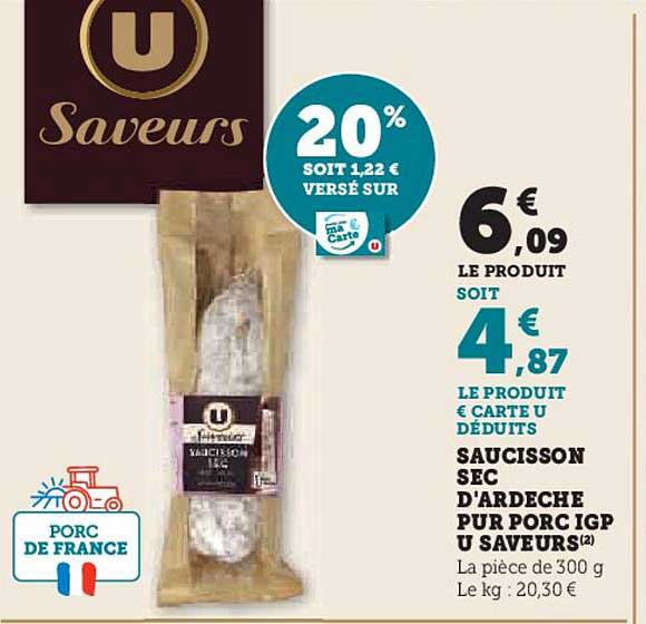 saucisson sec d'ardèche pur porc igp u saveurs