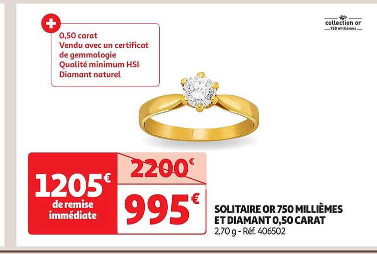 solitaire or 750 millièmes et diamant 0,50 carat