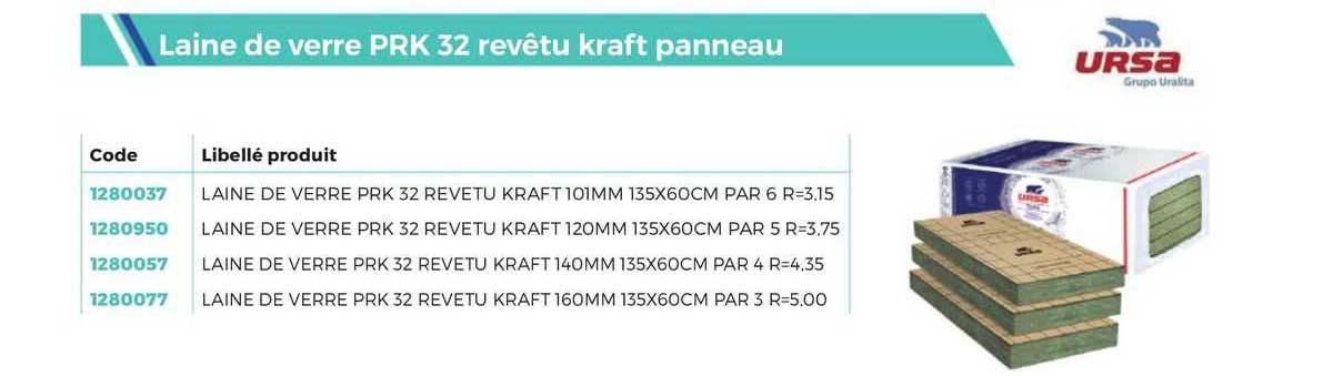 ursa laine de verre prk 32 revêtu kraft panneau