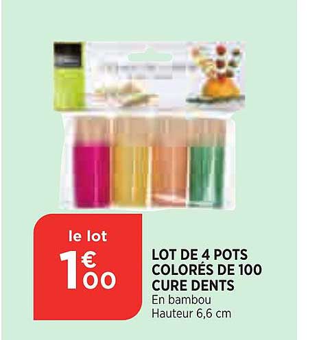 lot de 4 pots colorés de 100 cure dents