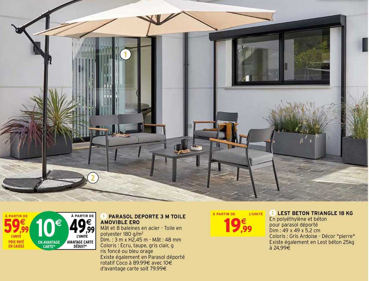 parasol deporté 3 m toile amovible ero, lest beton triangle 18 kg