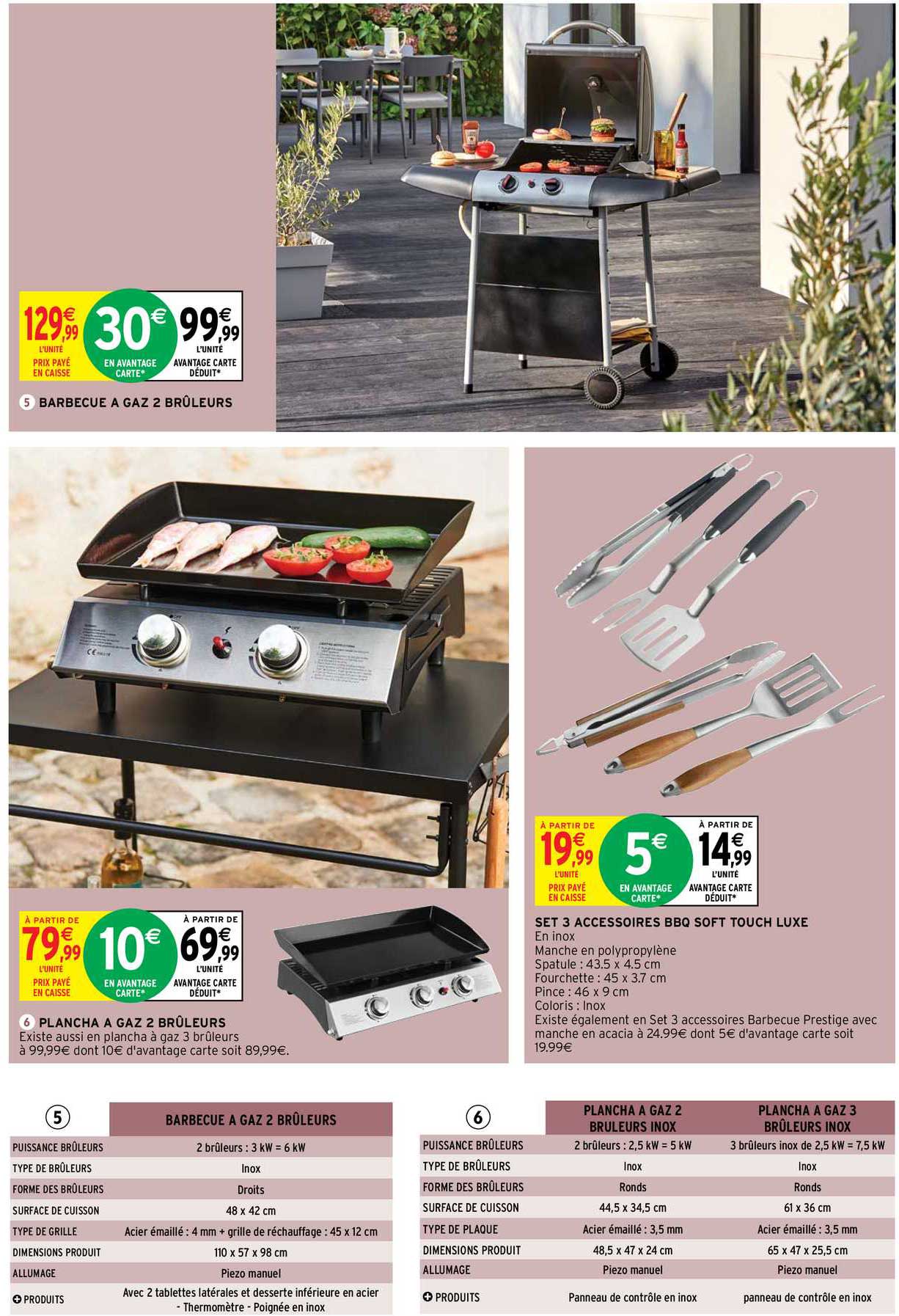 plancha à gaz 2 brûleurs, set 3 accessoires bbq soft touch luxe