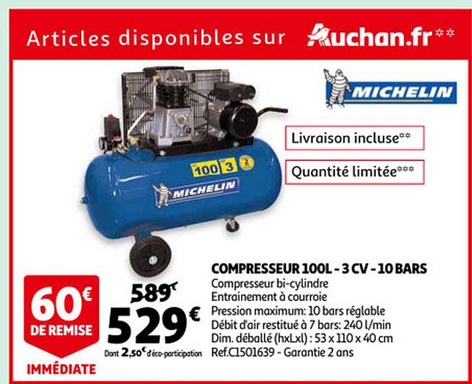 Compresseur 100l - 2 Cv - 10 Bars Michelin