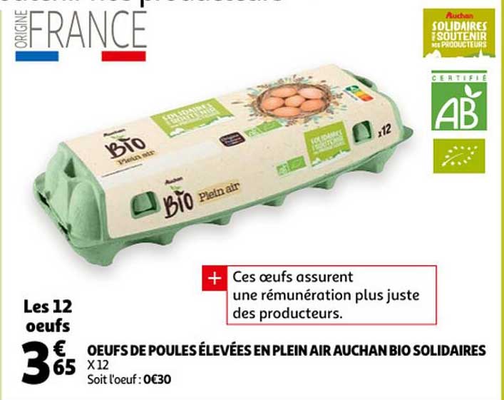 Oeufs De Poules élevées En Plein Air Auchan Bio Solidaires