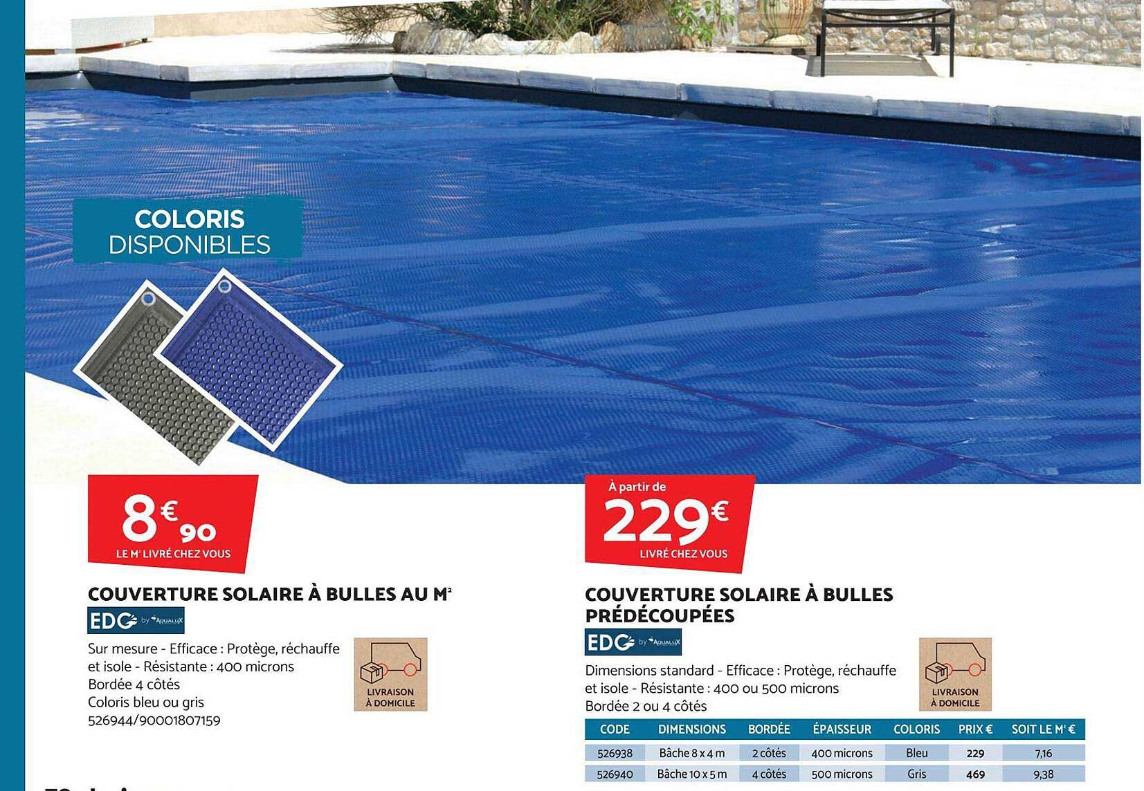 couverture solaire à bulles au m² edg, couvertures solaire à bulles prédécoupées edg