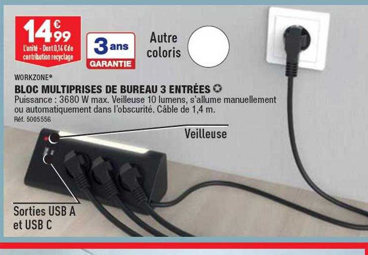 bloc multiprises de bureau 3 entrées workzone