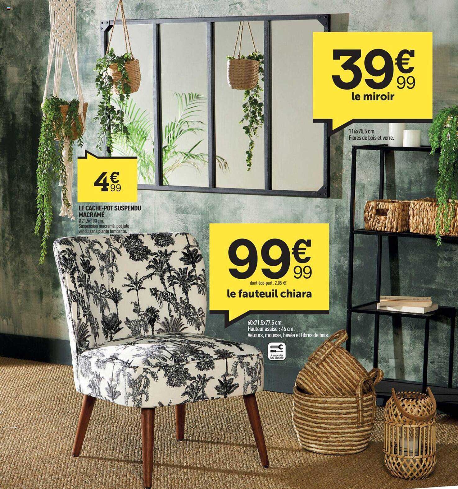 le cache-pot suspendu macramé, le miroir, le fauteuil chiara