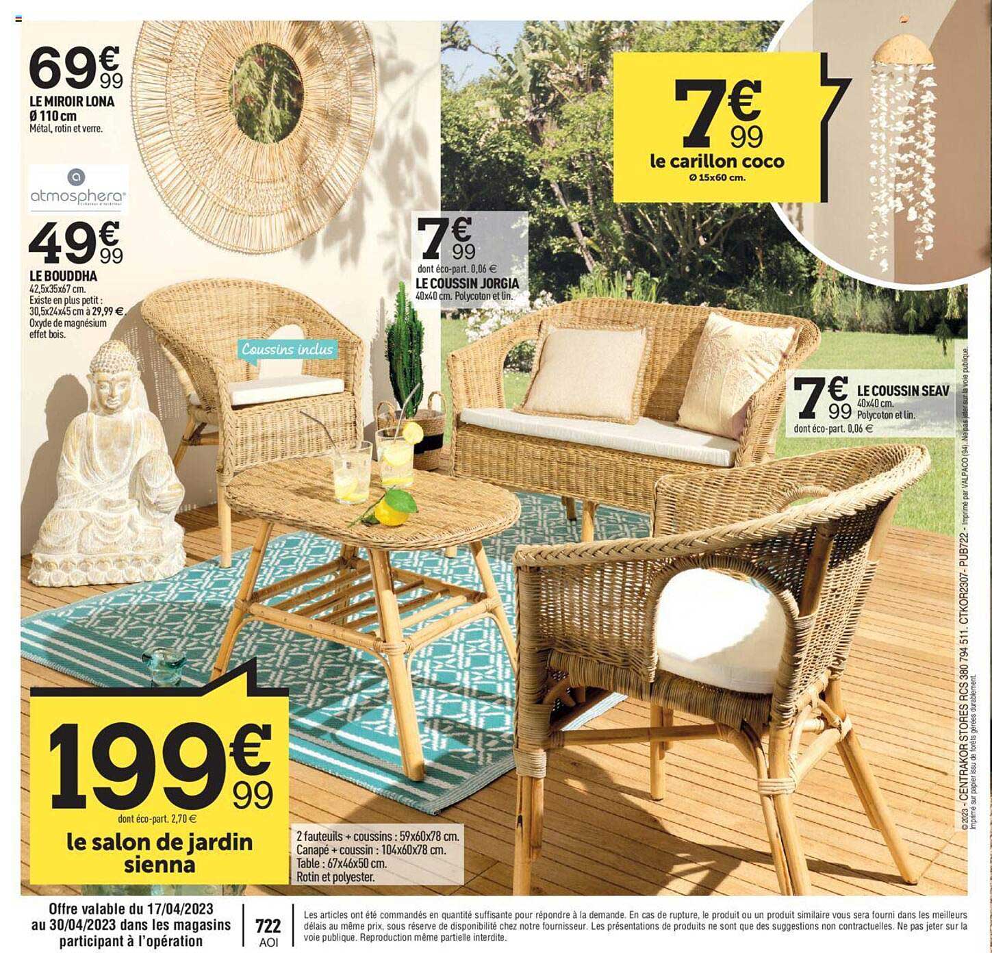 le miroir lona ø 110 cm, le bouddha, le salon de jardin sienna, le coussin jorgia, le carillon coco, le coussin seav