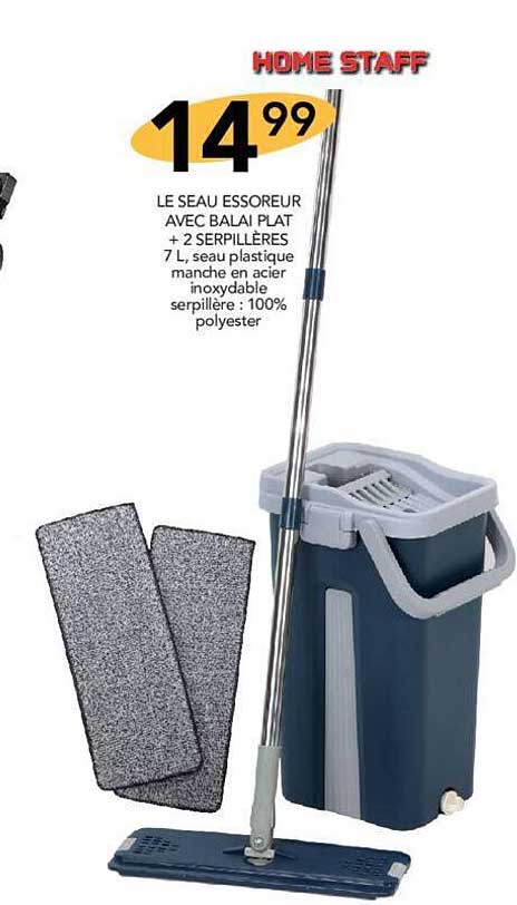 Le Seau Essoreur Avec Balai Plat + 2 Serpillères Home Staff