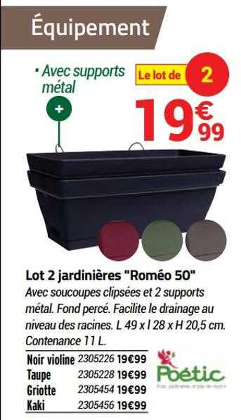 lot 2 jardinières "roméo 50" poétic