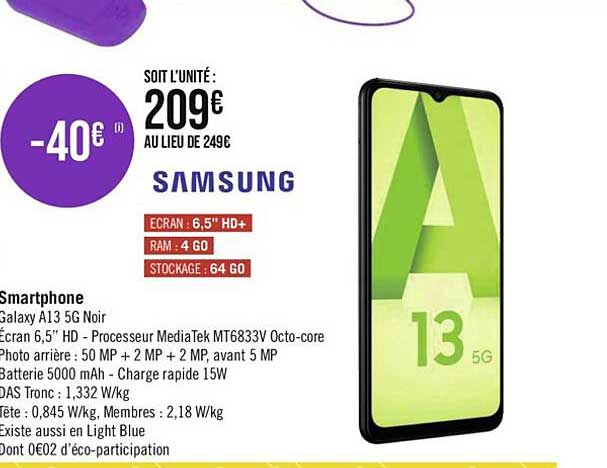 smartphone galaxy a13 5g noir samsung