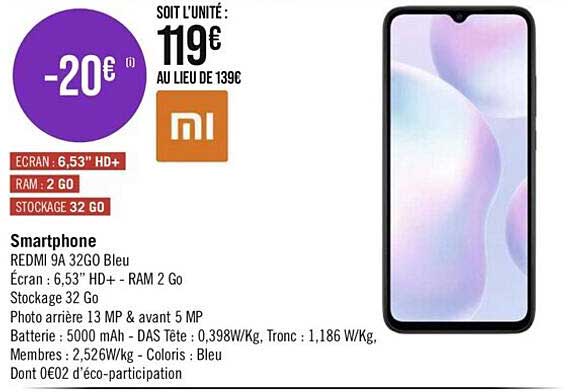 smartphone redmi 9a 32go bleu xiaomi