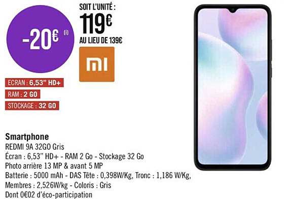 smartphone redmi 9a 32go gris xiaomi