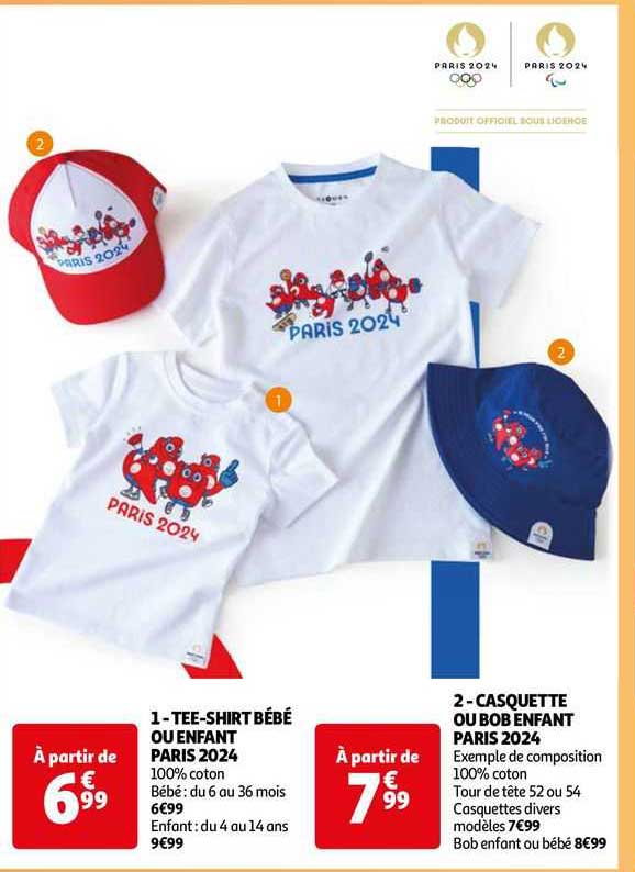 1- tee-shirt bébé ou enfant paris 2021 2- casquette ou bob enfant paris 2024