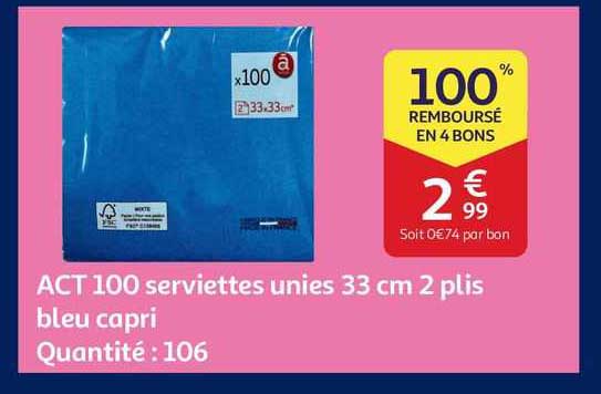 act 100 serviettes unies 33 cm 2 plis bleu capri
