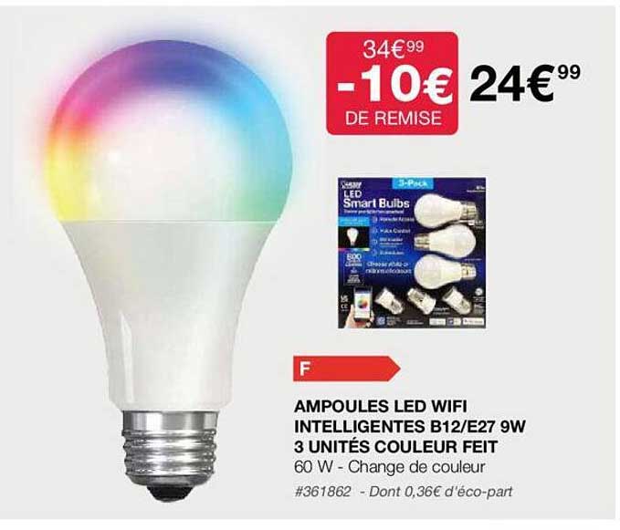 ampoules led wifi intelligentes b12/e27 9w 3 unités couleur feit