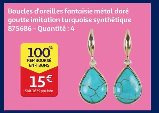 boucles d'oreilles fantaisie métal dodré goutte imitation turquoise synthétique