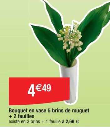 bouquet en vase 5 brins de muguet + 2 feuilles