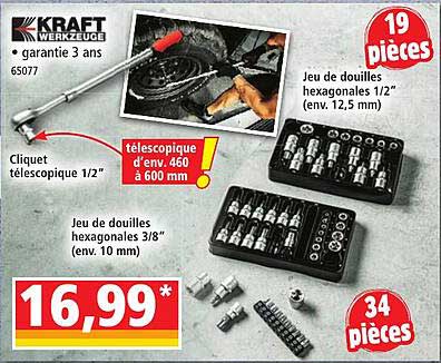 cliquet télescopique kraft werkzeuge, jeu de douilles hexagonales 3/8" kraft werkzeuge, jeu de douilles hexagonales 1/2" kraft werkzeuge
