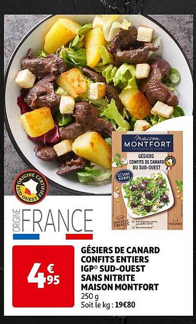 gésiers de canard confits entiers igp sud-ouest sans nitrite maison montfort