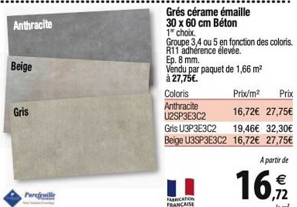 grés cérame émaillé 30 x 60 cm béton