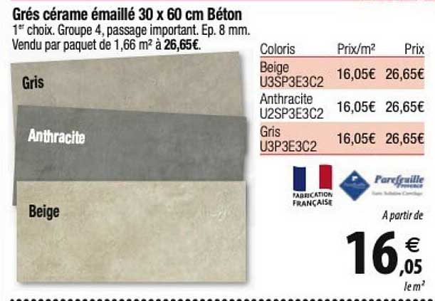 grés cérame émaillé 30 x 60 cm béton