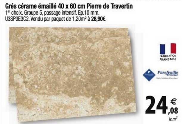 grés cérame émaillé 40 x 60 cm pierre de travertin