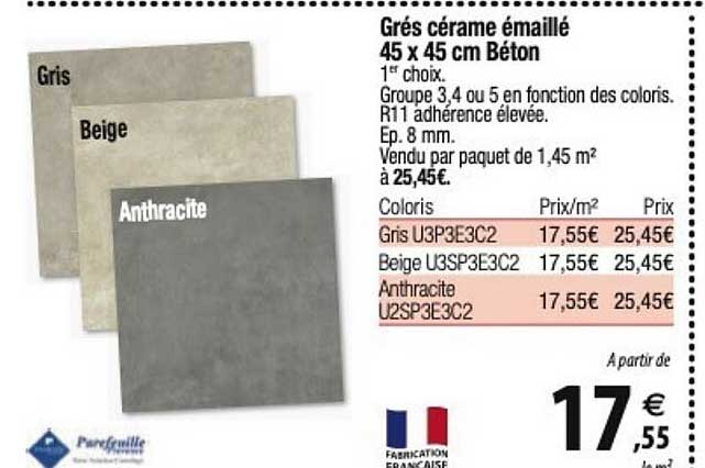 grés cérame émaillé 45 x 45 cm béton