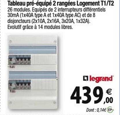legrand tableau pré-équipé 2 rangées logement t1/t2