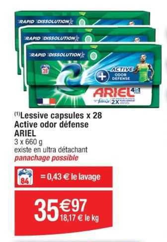 lessive capsules x 28 active odor défense ariel