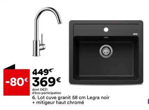 lot cuve granit 58 cm legra noir + mitigeur haut chromé