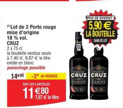 lot de 2 porto rouge mise d'origine 18% vol. cruz