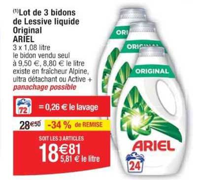 lot de 3 bidons de lessive liquide original ariel