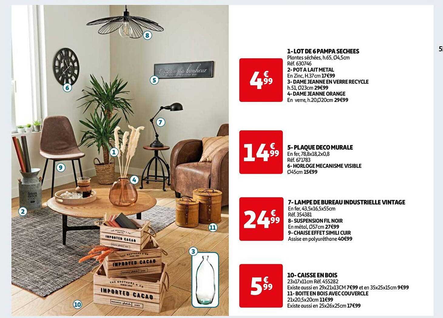 lot de 6 pampa séchées, pot à lait métal, dame jeanne en verre recyclé, dame jeanne orange, plaque déco murale, horloge mécanisme visible, lampe de bureau industrielle vintage, suspension fil noir