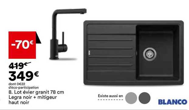 lot évier granit 78 clm legra noir + mitigeur haut noir blanco