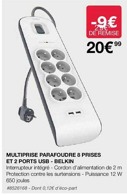 multiprise parafoudre 8 prises et 2 ports usb - belkin