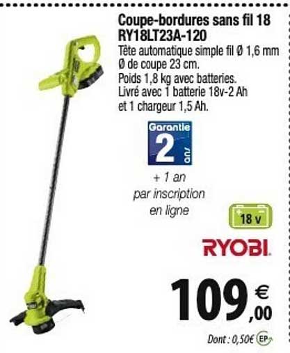 ryobi coupe-bordures sans fil 18 ry18lt23a-120