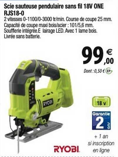 Ryobi Scie Sauteuse Pendulaire Sans Fil 18v One Rjs18-0