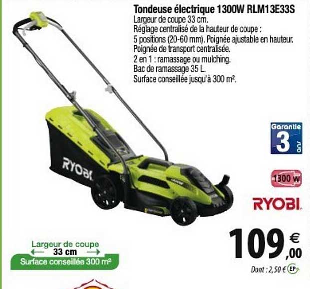 ryobi tondeuse électrique 1300w rlm13e33s